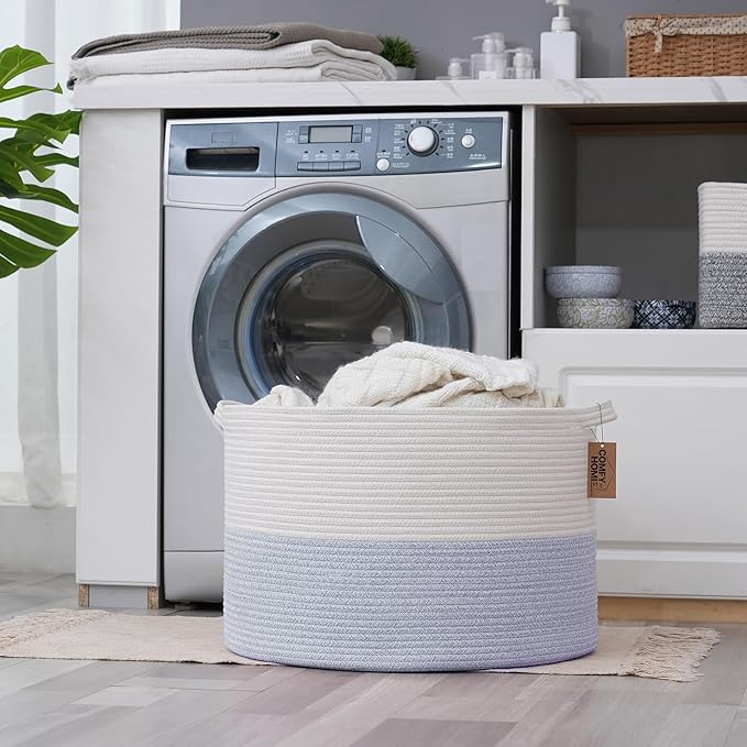 COMFY-HOMI XXXL Large Laundry Basket, Cotton Rope Nursery Woven Basket for Storage, Blanket Baskets Living Room Laundry Hamper, Dog Toy Storage Organizer, Home Decor-21''x21''x13.6''-White/Blue