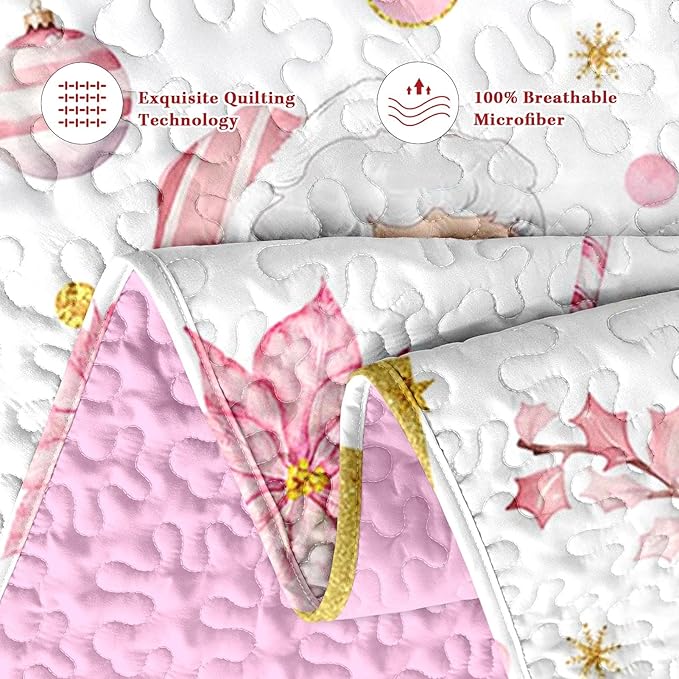Christmas King Size Quilt Set, Pink Winter Funny Santa Claus Lightweight Bedspread Coverlet with Pillow Shams for Kids and Adults, Cute Reindeer Plants 3 Pcs Bedding Bed Cover