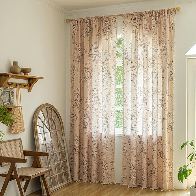 ENJOYBRIDAL Floral 63 Inch Curtains 2 Panel Set Living Room Farmhouse Drapes Bedroom Boho Semi Sheer Short Window Curtain Panels Cute Flower Rod Pocket Botanical Pattern Window Treatments