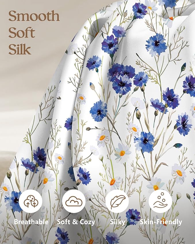 Silk Pillowcase 2 Pack - Pillow Cases 20" x 30" Queen Size Set of 2 for Hair and Skin Smooth Soft Breathable with Hidden Zipper Cooling Pillow Covers for Sleeping,Blue Daisy