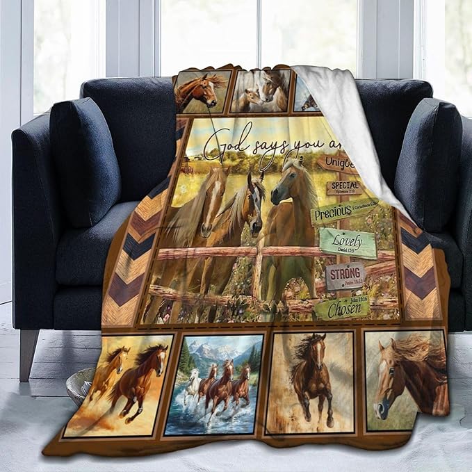 Horse Blanket Motivational God Say You are Throw Blankets Gifts for Girls Boys Cozy Warm Soft Fuzzy Flannel Throws Plush Stuffed Animal Western Horses Fleece Gifts for Men Women for Sofa Bed 60"x80"