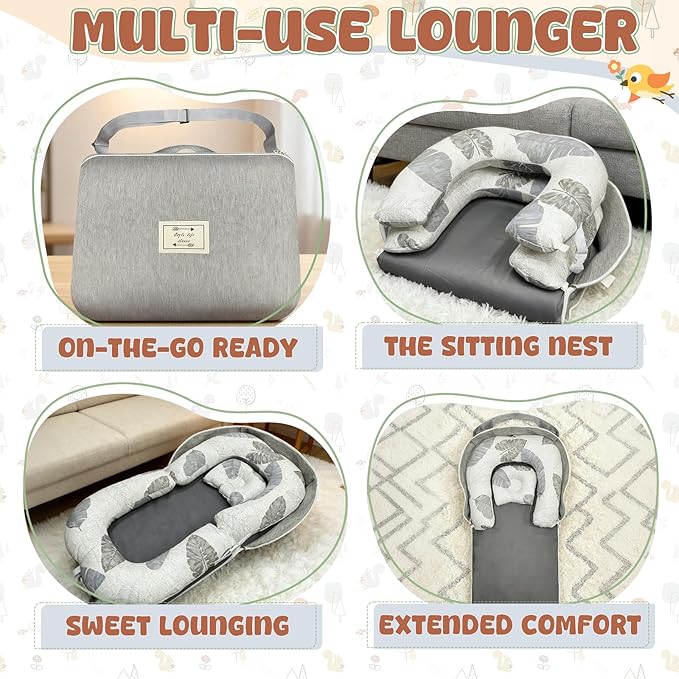 3-in-1 Baby Lounger Nests for Newborn, Foldable Infant Tummy Time Mat & Seated Support for 0-24M, Breathable Portable Baby Essentials Adjustable Soft Cotton Floor Seat for Home & Travel -Leaves