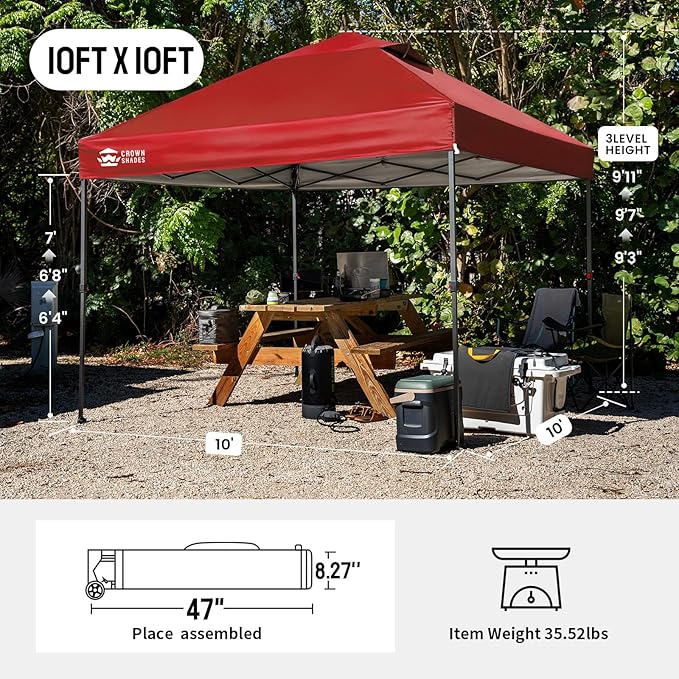 CROWN SHADES 10x10 Pop Up Canopy Tent - Patented Center Lock One Push Instant Outdoor Canopy Beach Tent with STO-N-Go Bag 8 Stakes & 4 Sand Bags，Red