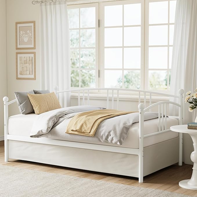 GarveeHome Daybed with Trundle, Sturdy Metal Day Bed with Steel Slat Support, Trundle Bed Twin with Arched Headboard, SofaBed for Living Room, Bedroom and Guest Room, White