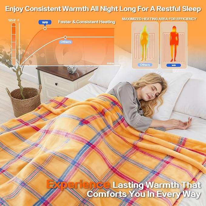 Electric Blanket Heated Twin, Soft Flannel 62"x84" Plaid Heating Blanket with 8 Hours Auto Off 10 Fast Heating Levels Machine Washable Sherpa Heated Blanket with Overheating Protection