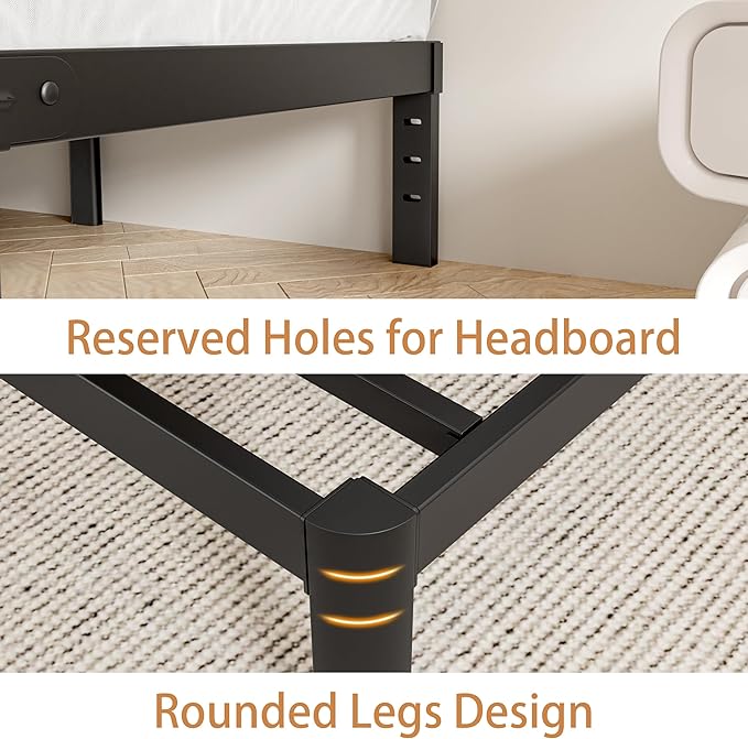 Queen Size Bed Frame Black, 16 Inch Metal Queen Bed Frame No Box Spring Needed, DIY Headboard Holes, Heavy Duty Steel Support 3500 LBS, Noiseless, Round Corner Leg, Storage Space, Easy Assembly