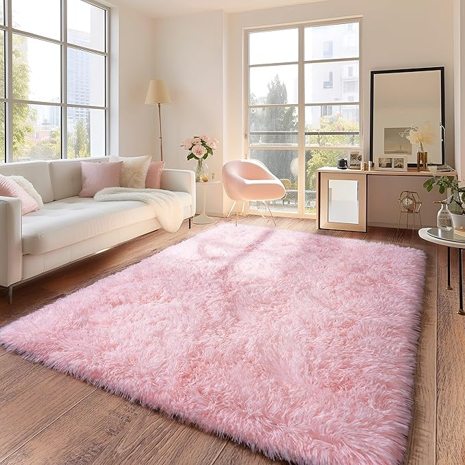 Pink Rug for Living Room, 9x12 Area Rug for Cute Girls Room, Bedside Indoor Floor Fluffy Shag Carpet, Plush Soft Rug for Bedroom Nursery Dorm Home Decor
