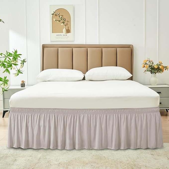 Biscaynebay Wrap Around Bed Skirts for Queen Beds 15" Drop, Camel Grey Adjustable Elastic Dust Ruffles Easy Fit Wrinkle & Fade Resistant Silky Luxurious Fabric Machine Washable