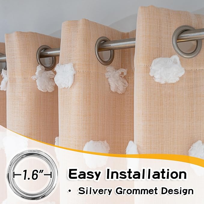 MYSKY HOME Yellow Curtains 90 Inch Long for Bedroom Nursery Curtains for Kids Room Double Layer Curtains for Living Room White Pom Pom Sheer Curtains Grommet Room Darkening Window Panels 52" x 90"