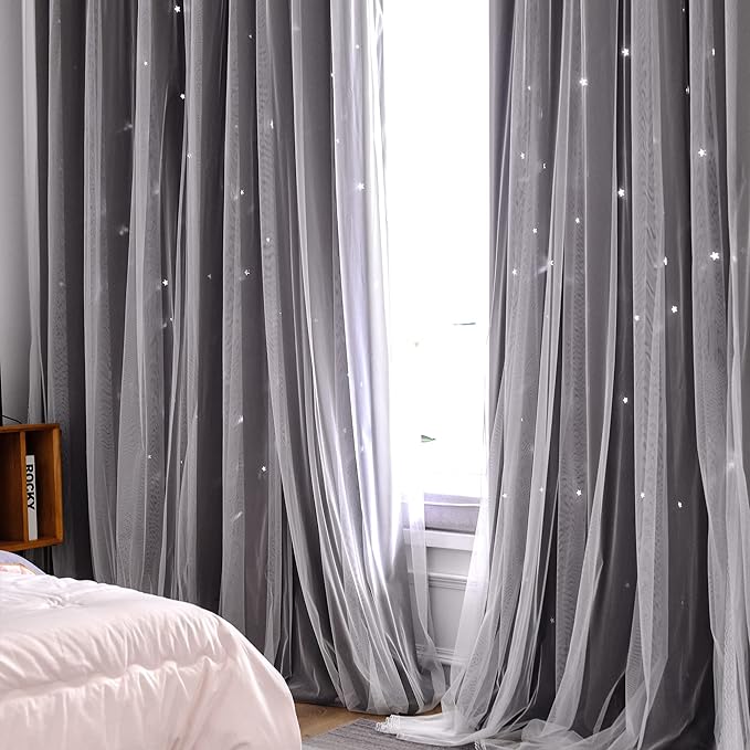 Kinryb Kids Blackout Curtains for Bedroom/Living Room/Classroom, Sheer Overlay 2 Free Tiebacks, Double Layer Curtains with Star Cutout for Kids Room(Each Piece W 70 x L 95 Inches 2 Pcs Chocolate)