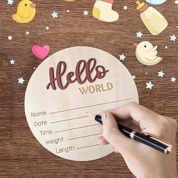 Baby Announcement Sign, 5.9 Inch Wooden Hello World Newborn Signs, Birth Announcement Sign, Baby Shower Hospital Nursery for Newborn Boys and Girls (Tea Red,Pen)