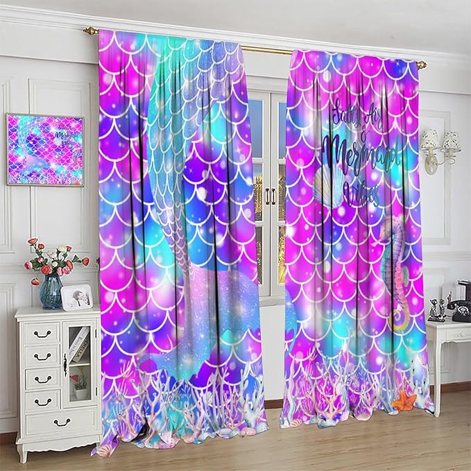 Dream Mermaid Curtains for Kids Boys Girls Ocean Theme Colorful Rainbow Fish Tail Blackout Window Treatment for Bedroom Nursery Room Decor Window Drapes 52" W X 84" L