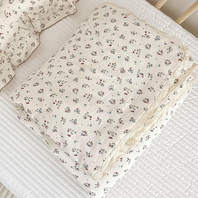 BuLuTu Elegant Floral Muslin Quilt Blankets for Kids Boys Girls Toddler Bed Blanket with Lacey Edges Soft Lightweight Toddler Comforter Crib Quilt for All Seasons, 47x59 Inches