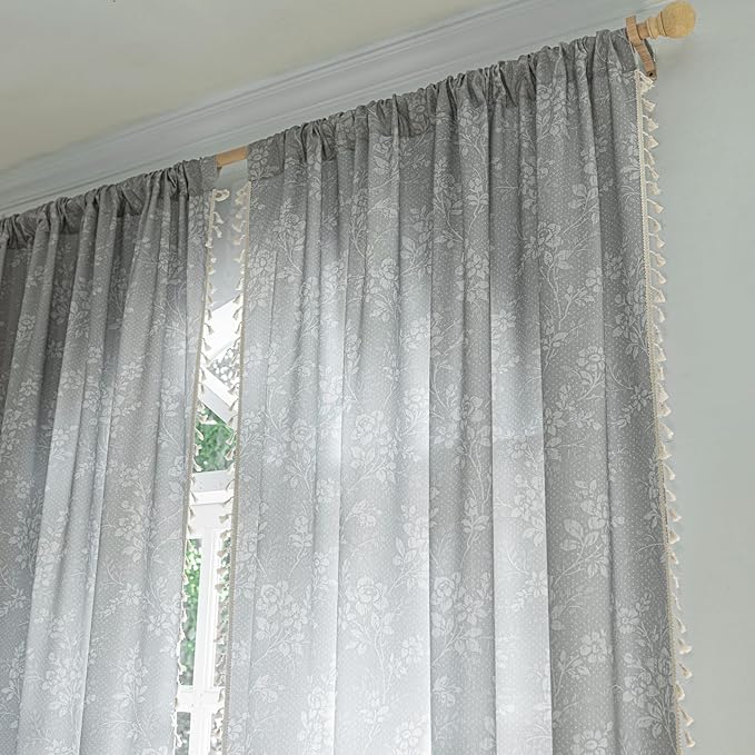 ENJOYBRIDAL Floral Curtains 84 Inch Long Grey Light Filtering Drapes Rod Pocket Bedroom Living Room Semi Sheer Window Curtains 2 Panel Sets Floor Length Farmhouse Boho Cute Window Treatments