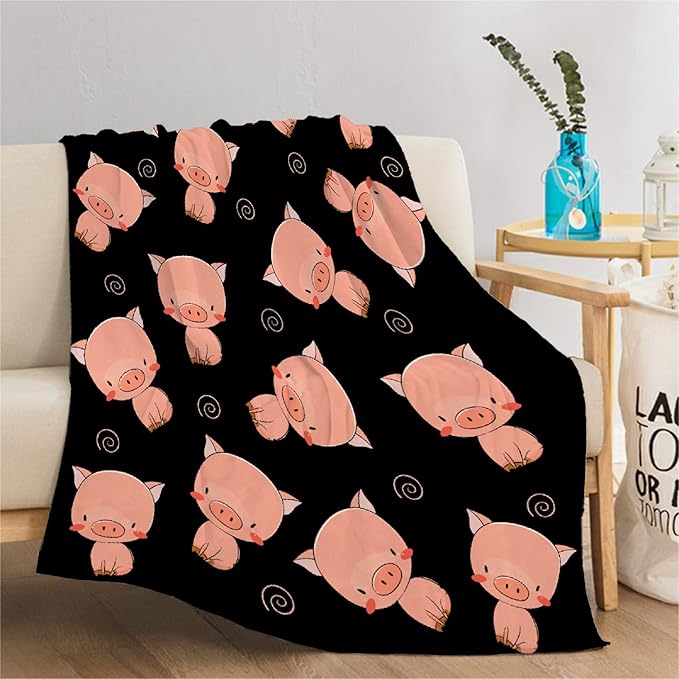 Thuswarm Cute Piggy Kawaii Pig Black Flannel Throw Blanket Warm Cozy Soft Funny Print Blankets for Bed Couch Sofa Room Decoration Gifts 40"×30" XSmall for Pets