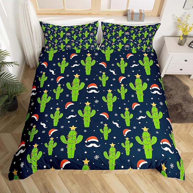 Feelyou Christmas Duvet Cover Boys Cartoon Cactus Xmas Theme Bedding Set for Kids Teens Ultra Soft Snowflake Comforter Cover Set New Year Bedspread Cover Room Decor King Size Bedclothes Zipper