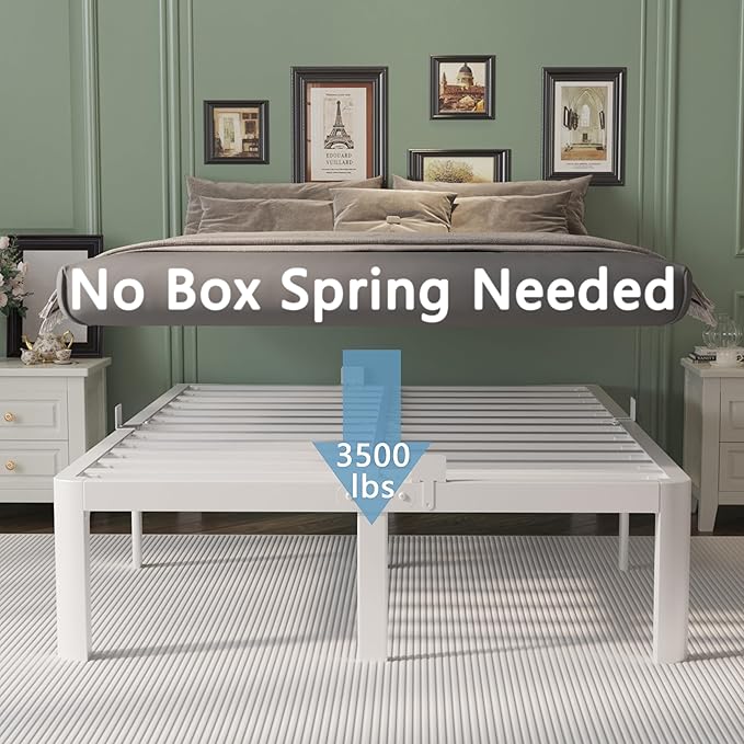 King Size Bed Frame 16 Inch White, Metal King Bed Frame with Baffles, No Box Spring Needed, Heavy Duty Steel Platform Support, Round Corner Design, Reserved Holes, Noiseless, Storage Space