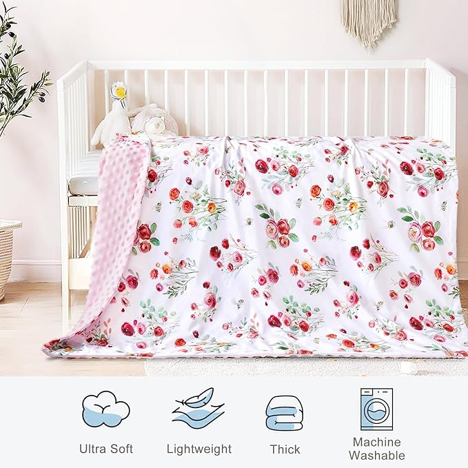 HOMRITAR Baby Blanket for Boys Girls Super Soft Minky Blanket Double Layer Dotted Backing, Receiving Blanket wtih Pink Floral Design 30 x 40 Inch