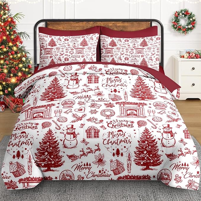 7 Pcs Queen Size Christmas Comforter Set with 2 Pillowcases & 2 Shams, Happy Xmas Red Pine Tree Bedding for Kids and Adults, Merry Winter Bed in a Bag with Flat Fitted Sheet