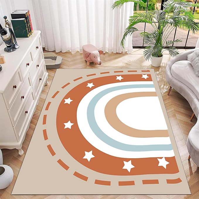 Machine Washable Rainbow Rugs Bedroom Fluffy Plush Soft Area Rugs Star Rainbow Patterns Living Room Non-Slip Indoor Flooring Kids Girls Boys Home Decor Aesthetics 3x5ft