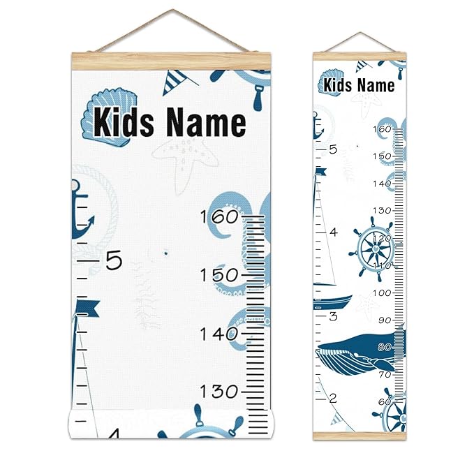 Personalized Kids Name Growth Chart Ruler for Wall Wood Frame Height Measure Chart 13.4x56 in Linen Hanging Height Growth Chart Nautical Lighthouse Sailboat Kids Room Decor