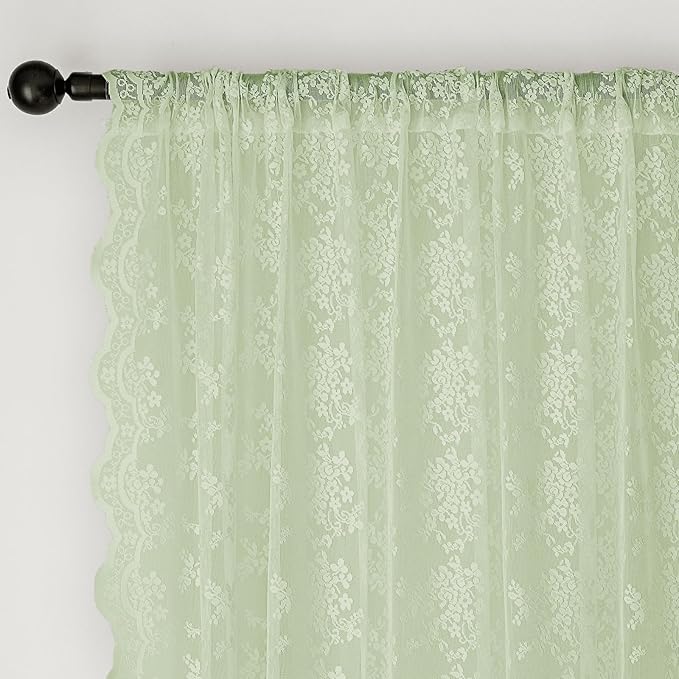 Anmao Vintage Lace Curtains 80 Inches Long 2 Panels, Romantic Semi Sheer Floral Lacy Curtain for Living Room, Elegant Window Drapes for Bedroom, Each Panel 55W x 80L, Light Green