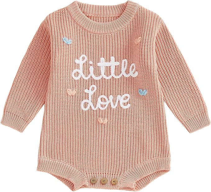 Lesimsam Newborn Baby Boy Girl Valentines Day Outfit Oversized Embroidery Long Sleeve Knit Sweater Bubble Romper Bodysuit