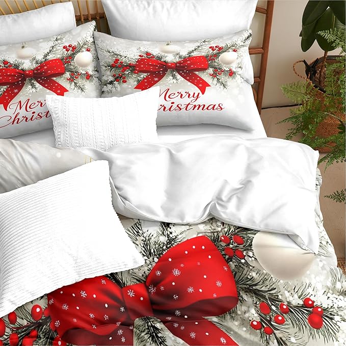 Christmas Duvet Cover Queen Size Merry Christmas Bedding Set 3 Pcs Kids Boys Girls Red Bow Pattern Comforter Cover with Zipper Closure (No Comforter)