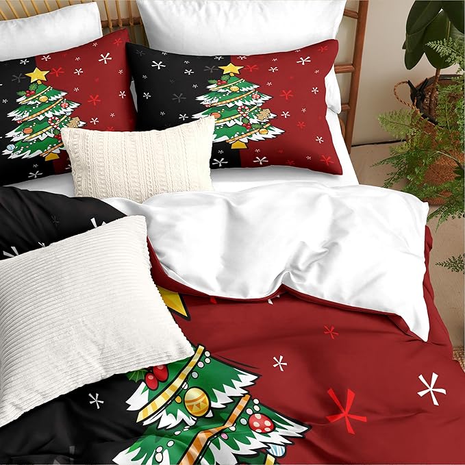 Christmas Duvet Cover King Size Black Red Christmas Tree Bedding Set Kids Boys Girls Xmas Couple Holiday Comforter Cover 3 Pieces with Zipper Closure (No Comforter)