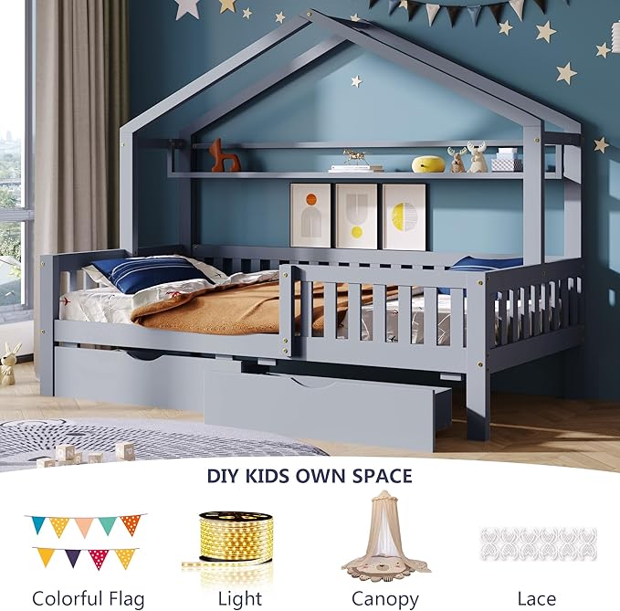 Aoowow Full Size House Bed with Storage Drawers and Shelf, Kids Twin Bed Frame Wooden Platform Bed with Guardrails and Slats for Boys Girls Teens for Bedroom(Grey)