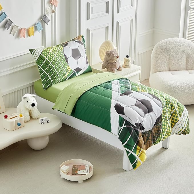 4 Pieces Soccer Toddler Bedding Set for Boys Girls Yellow Green Soccer Field Toddler Bed Set with Goal Cute Toddler Bed in a Bag with Sheet Set and Pillow Shams