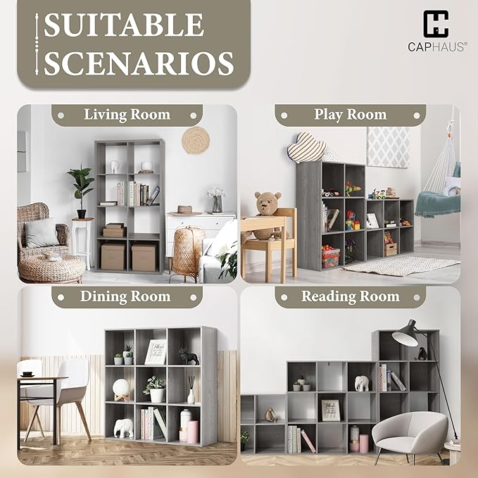 CAPHAUS 11-Inch Cube Storage Organizer Shelf, Home Storage Shelf Divider w/Back, 9-Cube Storage Bookcase, Greige Oak