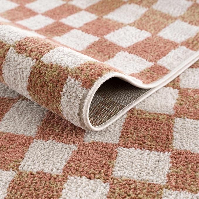 Hauteloom Pertek Modern Checkered Area Rug - Modern Geometric Carpet for Living Room, Kids Room, Nursery - Bohemian Boho Carpet - Cream, Beige, Light Red, Somon - 6'7" x 9'