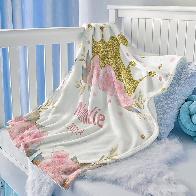 Ship Next Day, Personalized Baby Blanket For Girls, Custom Baby Receiving Blanket With Name, Newborn Swaddle Toddlers Blankets, Customized Crown Flower Kids Blankets For Babies Shower Birthday Gifts