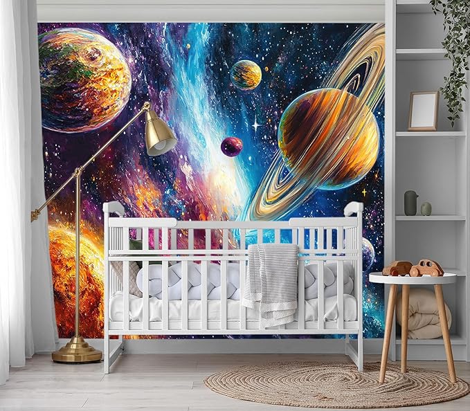 XMPMBM-Starry Sky Abstraction Art Graffiti Wallpaper Colorful Planets Nursery Room Boys Bedroom Bathroom Wall Mural- W 88" X H 59"（36 Square Foot）