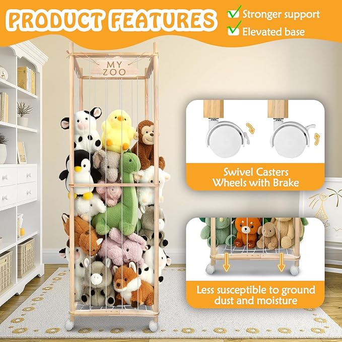 Stuffed Animal Storage Zoo with Wheels, 63'' Tall Large Wooden Plushies Storage Stuffed Animals Holder, Plush Toy Organizer Stuff Animal Zoo with Elastic Band and Net for Toddlers Playroom, Bedroom