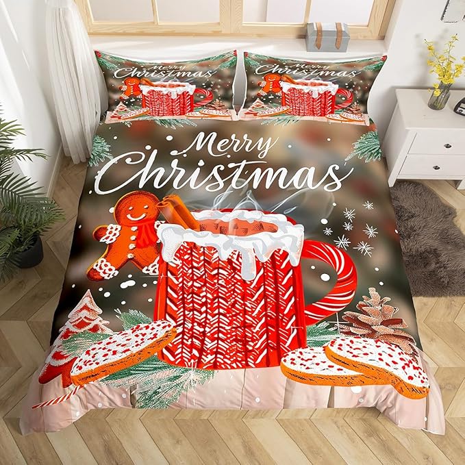 Manfei Christmas Duvet Cover Set Full Size, Snowflake Pine Print Comforter Cover with 2 Pillowcases, New Year Theme Bedding Set 3pcs for Kids Boys Girls Bedroom Decor,No Comforter