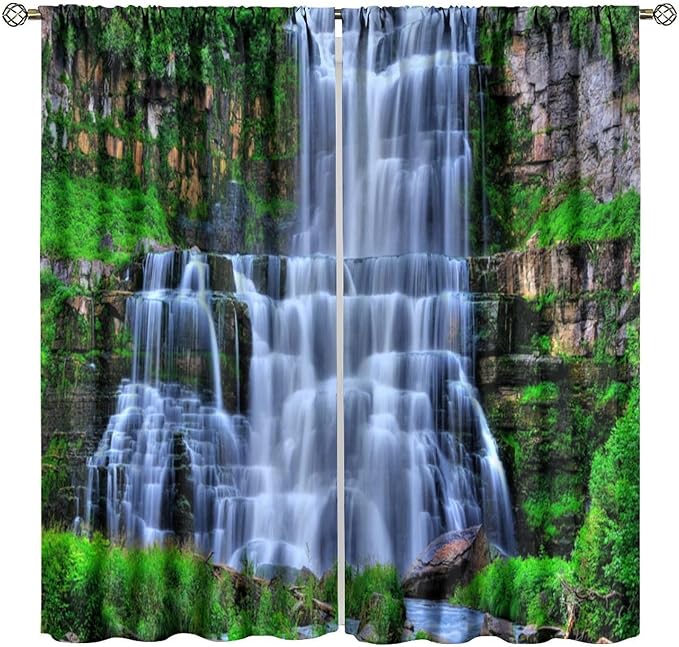 Nature Scenery Waterfall Blackout Curtains, Forest Waterfall Landscape Green Jungle Stone Falls Print Pattern Rod Pocket Window Drapes, for Bedroom Living Room 52" W X 84" L