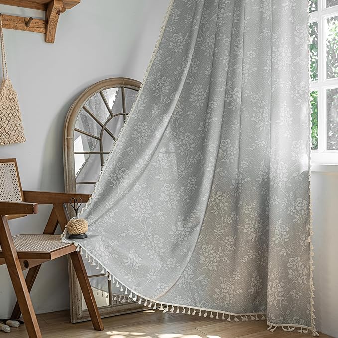 ENJOYBRIDAL Floral Curtains 84 Inch Long Grey Light Filtering Drapes Rod Pocket Bedroom Living Room Semi Sheer Window Curtains 2 Panel Sets Floor Length Farmhouse Boho Cute Window Treatments