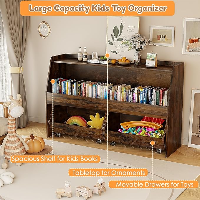 COZPAW Toy Storage Organizer, 2 Tier Montessori Shelf with Movable Bins, Toy Organizers Book Shelf for Kids Room, Playroom, Nursery (Brown)