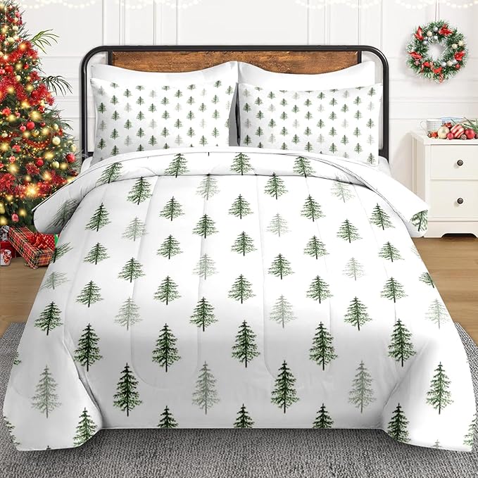 7 Pcs Queen Size Christmas Comforter Set with 2 Pillowcases & 2 Shams, Nature Simple Pine Tree Bedding for Kids and Adults, Winter Merry Xmas Bed in a Bag with Flat Fitted Sheet