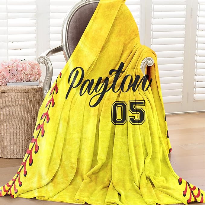 Personalized Softball Kids Blanket with Naumber and Name - Custom Sport Bed Blankets Gift for 0-3 Months Baby Essential - Super Warm and Comfortable 40x50inch