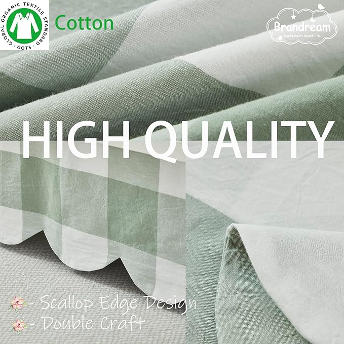 Brandream Scallop Edge Cotton Crib Skirt Toddler Bedskirt Baby Nursery Crib Bed Skirt Boho Bohemian Neutral Solid Color Sage Green Buffalo Plaid Gingham Farmhouse Chic Bedding Skirt