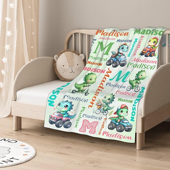 Custom Dinosaur Truck Blanket for Kids - Personalized Funny Dinosaur Gifts with Name - Plush Soft Warm Lightweight Flannel Throw Sheet Decor for Boys Girls Toddler Newborn Crib Nap Couch - 30"X40"