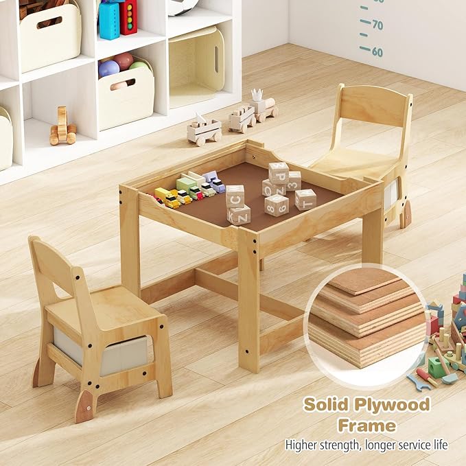 Costzon Kids Table and Chairs, 3 in 1 Wooden Activity Desk Set w/Double-Sided Tabletop, Storage Drawers and Reinforced Design for Drawing, Reading & Playing, Toddler Table and Chair Set (Beige)