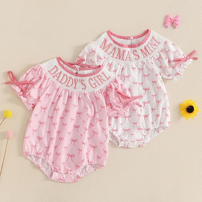 Newborn Baby Girl Romper Mamas Mini Bow Plaid Print Puff Sleeve Smocked Bubble Romper Jumpsuit Bodysuit Clothes