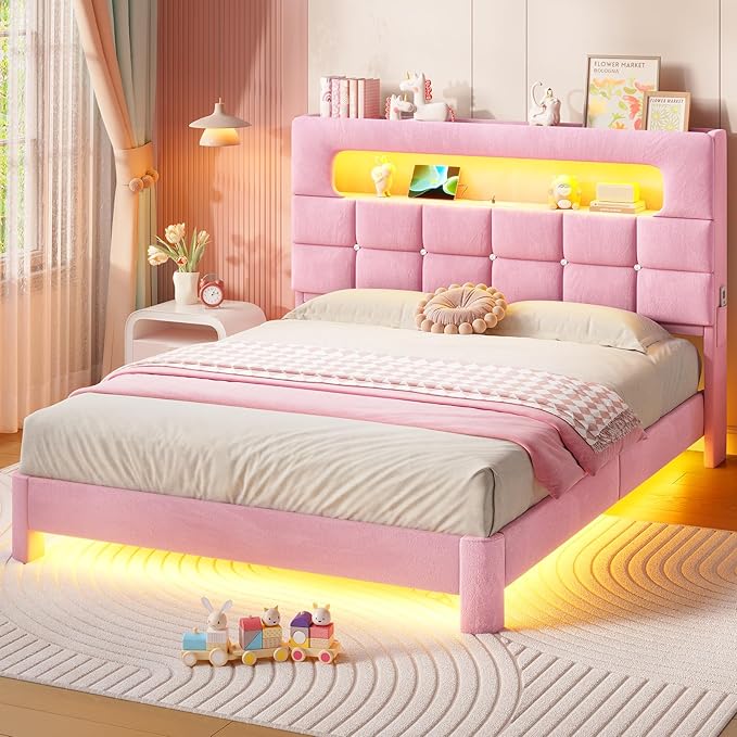 MSmask Queen Upholstered LED Bed Frame with 2-Tier Storage Bookcase Headboard, Velvet Princess Bed with Crystal Button Tufted Headboard & Charging Station, Girls Platform Bed, Curved Legs, Pink