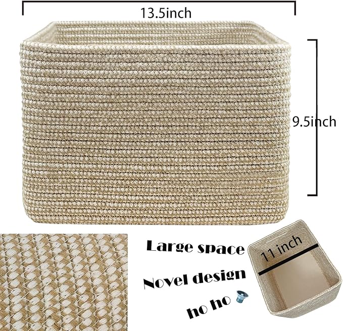 Square Woven Cotton Rope Basket for Organizing, Gift Baskets for Handles, Empty Gift Baskets, Toy Basket for bins|13.5" x 11" x 9.5" home decor for Living Room, Bathroom（Flax and White）