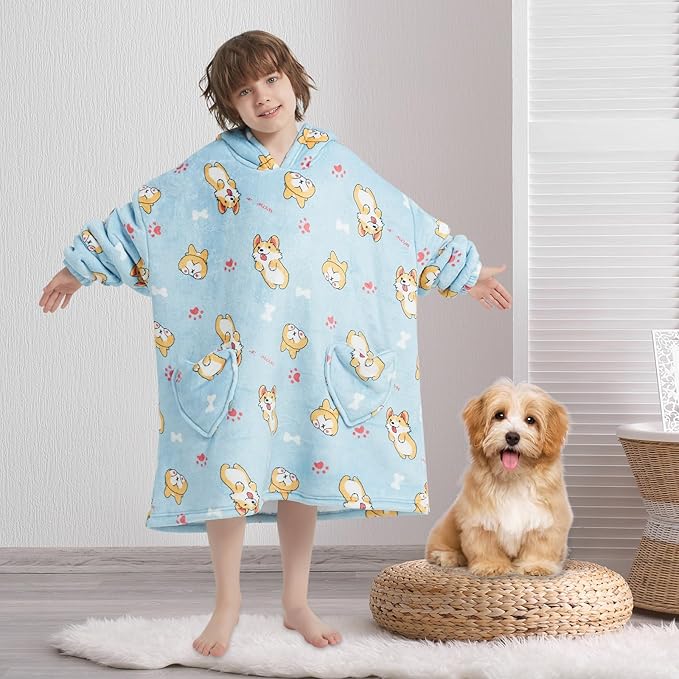 Fiosnow Corgi Blanket Hoodies for Kids 6-13YR Oversize Wearable Blanket Hoodies for Boys Girls Teens