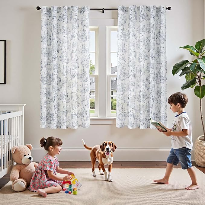 jinchan Linen Nursery Curtains 63 inch Long Woodland Wildlife Blue Print Drapes for Kid's Room Light Filtering French Country Farmhouse Curtains with Bunny and Forest Design Set of 2 Panels